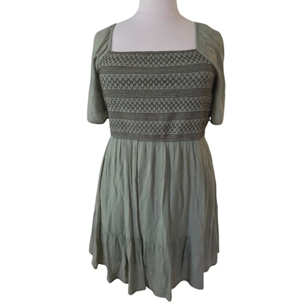 Perch by Blu Pepper Sage Green Smocked Embroidered Mini Dress 2XL PB1SD1085